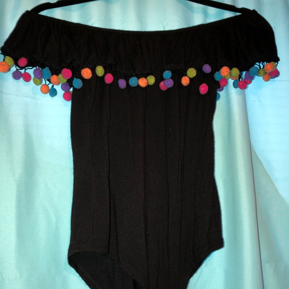 Black off the shoulder pom pom shirt